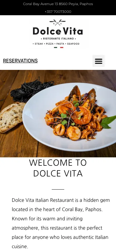 Dolce Vita restaurant website mobile view