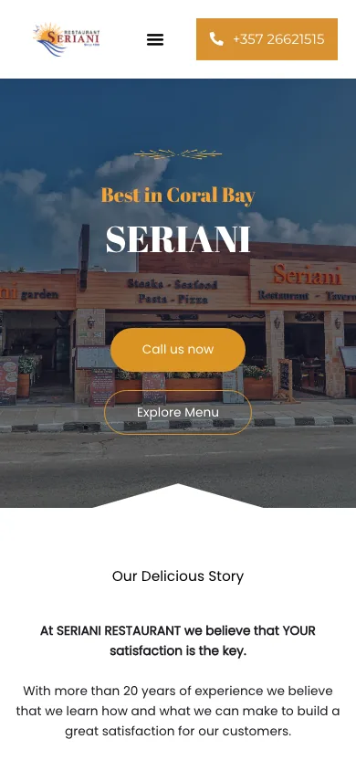 Seriani Restaurant website mobile view
